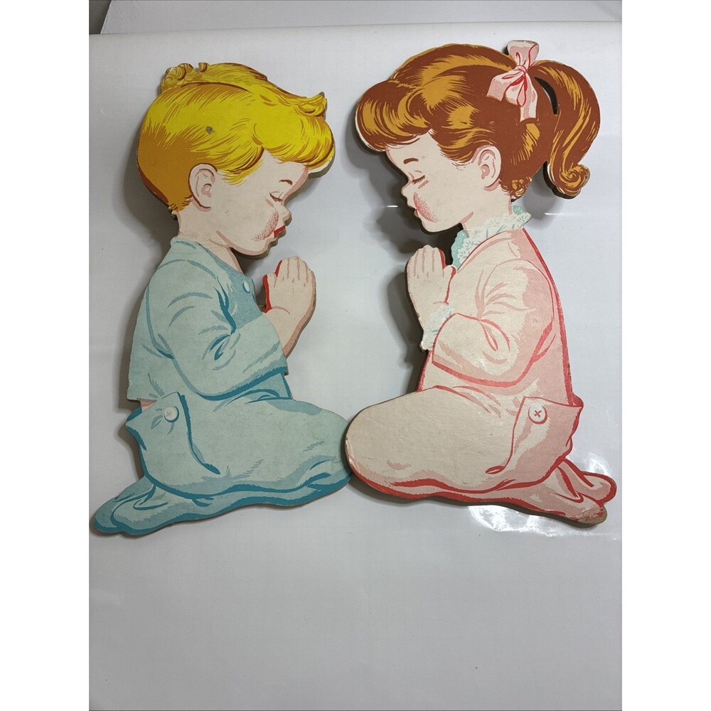 Vintage 1950's Praying Girl & Boy Pressed Cardboard Wall Art Kids Nursery 12"
